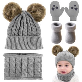 CheChury Baby Children's Winter Warm Knitted Hat Scarf Sets Winter Scarf Warm Slip-On Hat Winter Hat Tube Scarf Set Slouchy 0-36 Months, Gray Four Piece Set