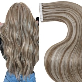 Hetto Tape in Hair Extensions Human Hair Blonde Tape in Extensions Remy Human Hair Golden Brown Highlight Bleach Blonde #10/#613 14inch 50g 20pcs