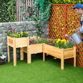 Outsunny Raised Garden Bed Set of 3, Wooden Elevated Planter Box with Legs and Bed Liner, for Backyard and Patio to Grow Vegetables, Herbs, and Flowers, Natural