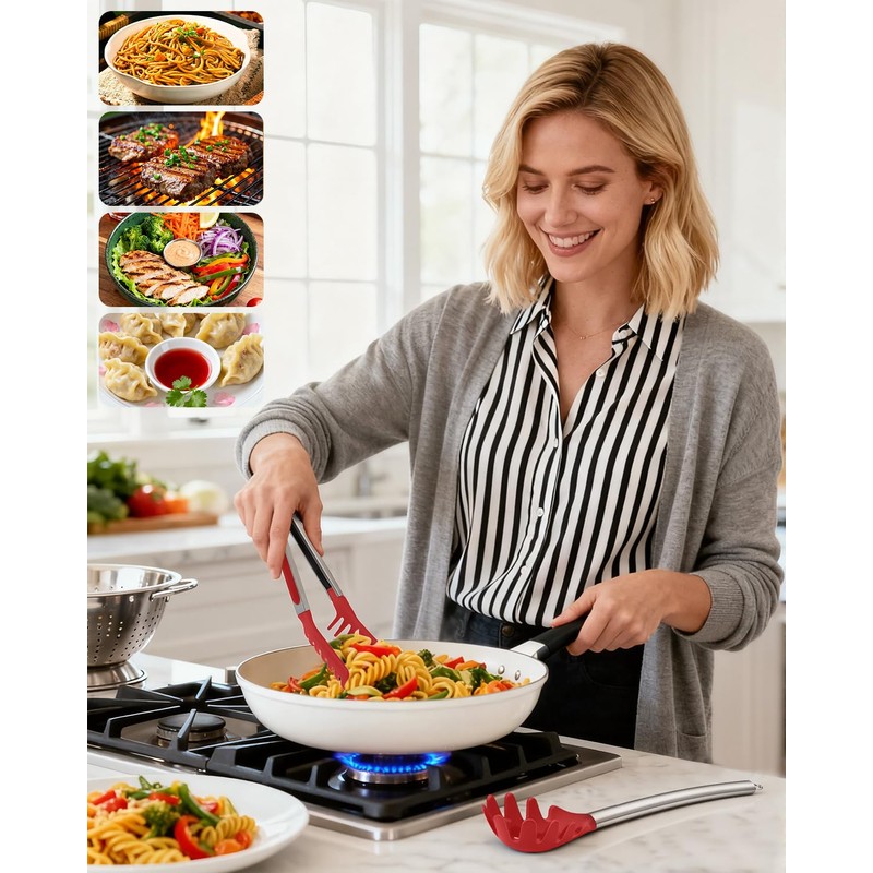 Spaghetti Spoon and Pasta Tong with Teeth and Drain Holes,