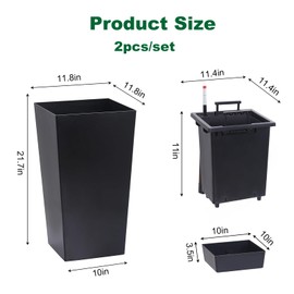 espidoo 22" Tall Planter Set of 2: Outdoor & Indoor Black Plastic Pots with Drainage Holes & Water Level Monitor - Automatic Watering Planters for Front Porch & Home Decor