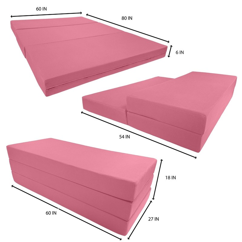 Danfuton Queen Pink Trifold Foam Bed, Shikibuton, Foldable Ottoman Mat