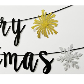 SNFHWL Merry Christmas Black Banner, Christmas Party Sign, Winter Holiday/New Year Party Bunting Decoration Garlands Supplies