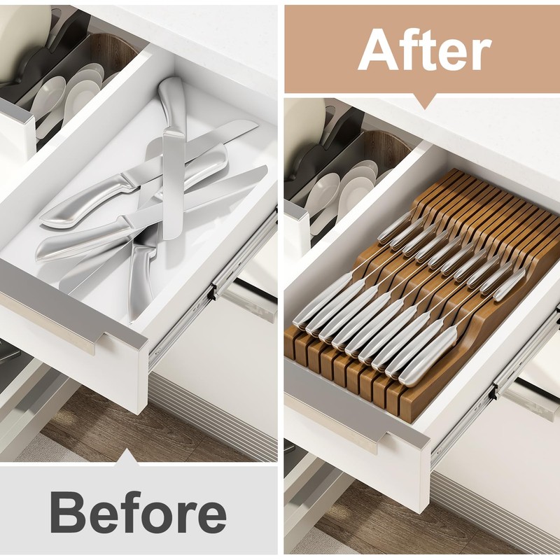 In-Drawer Knife Block Organizer - Bamboo Wood Drawer Knife Organizer-Protecting