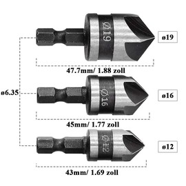 Mesee Set of 3 90° Countersink Drill, 5 Flute Countersink Deburring Set, Hexagonal Countersink Drill, 90 Degree Centre Punch Tool Set for Wooden Plywood Plastic Bit 12 mm/16 mm/19 mm