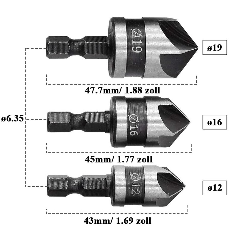 Mesee Set of 3 90° Countersink Drill, 5 Flute Countersink