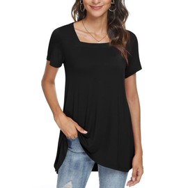 POPYOUNG Women's Long Tunic Tops to Wear with Leggings Summer Short Sleeve Loose Fit Dressy Square Neck Shirts M-5XL XL, Black
