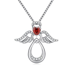 JiaYang Silver Guardian Angel Necklace 18K White Gold Plated Heart Infinity Pendant January Garnet Jewelry Gifts for Her