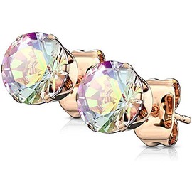 Covet Jewelry Pair of Rose Gold IP Over 316L Stainless Steel Stud Earring with Round CZ (20GA, Ball: 8mm, Aurora Borealis)