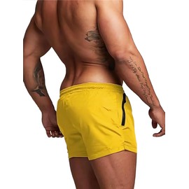 TONLEN Mens Swimwear Sports Shorts Swim Trunks with Zipper Pockets, Yellow, Medium