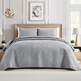 BOURINA Ultrasonic Quilt Set Bedspreads 3-Piece Bedding Set Pre-Washed Microfiber Ultra Soft Lightweight Flower Coverlet Set for All Season, Queen Grey
