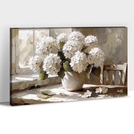 ANRUOXI - Rustic White Hydrangea Flower Canvas Wall Art, French Countryside Floral Bathroom Wall Art Decor, Vintage Hydrangea Flower Window Sill Life Picture Prints Artwork for Bedroom 12x18 Inch