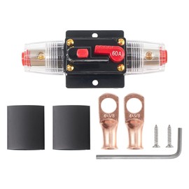 NuIth 60 Amp Fuse Holder Stereo Inline Fuse Inverter with Wire Lugs and Heat Shrink Tube, 12V-24V DC 60A Audio Inline Circuit Breaker with Manual Reset for Car Audio Sound Amplifier System