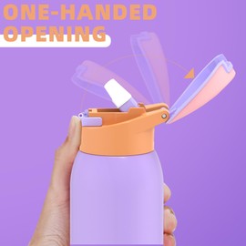 koodee Kids 16oz Free-sip Insulated Stainless Steel Water Bottles with Straw,Quick Flip GO Bounce Cup Thermo-flask,Pop & Fill Double-Wall Vacuum Bottle,Great for School, Sports,Travel(Peach Lavender)