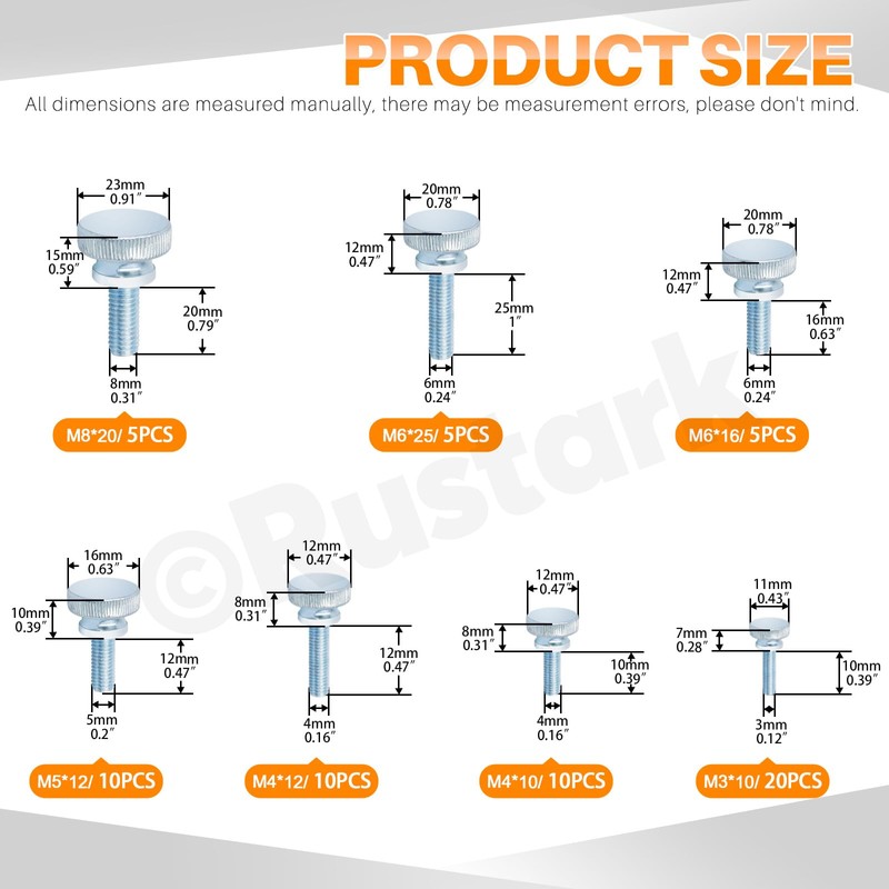 Rustark 65Pcs 7 Sizes Zinc Plated Knurled Thumb Screws Flat