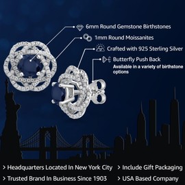 Gem Stone King - arete de plata de ley 925 redondos de 6 mm con piedra de nacimiento con moissanita blanca y extraíble para mujer, Plata de ley, piedras preciosas, Zafiro