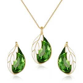 Clearine Austrian Crystal Jewellery Set for Women Decorated with Teardrop Pendant Leaf Necklace Earrings Jewellery Set Emerald Green Gold Tone, Crystal Enamel, No Gemstone