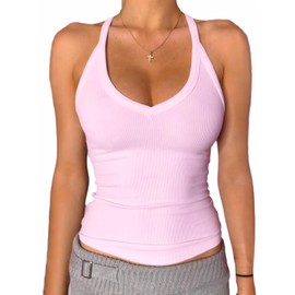 Danysu V Neck Racerback Tank Top for Women with Built in Bra Ribbed Long Tank Fitted Basic Cami Tops Blossom Pink M