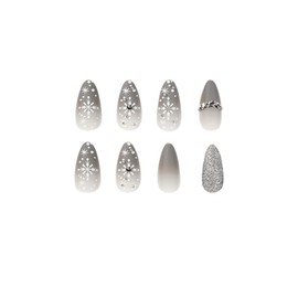Snowflake Press on Nails Christmas Medium Gray Gradient Almond Fake Nails, White Snow Silver Glitter Rhinestones Acrylic Nails, False Nails Kits Super Fit Nail Tip Winter Stick Glue on Nails 24 Pcs