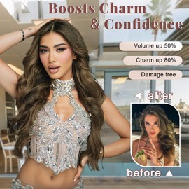 ALXNAN Clip in Long Wavy Synthetic Hair Extension 24 Inch Light Chestnut Brown 4PCS Thick Hairpieces Fiber Double Weft Hair for Women