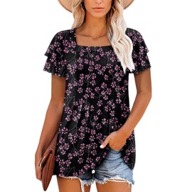 Magritta Women Casual Shirts Trendy Summer Beach Short Sleeve Pleated T-Shirts Soft Comfy Flowy Hem Slim Square Neck Print Tunic Blouse Purple Stamen 3XL