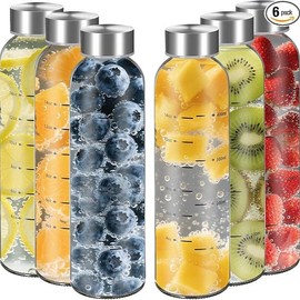 【WINSA】 Glass Juice Bottles With Lids 17oz 25oz-4Pack- 6 Pack, Clear Water Bottle, Juicing Bottles Reusable Glass With Stainless Steel Cap, Drinking bottles for Refrigerator,100% Leak Proof, BPA Free Drinkware Washable:_6pcs_25 Ounces