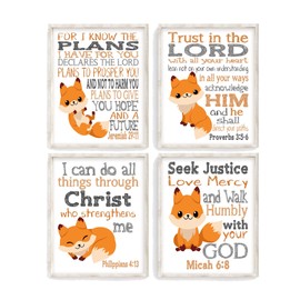 Woodland Fox Christian Nursery Decor Set of 4 Adorable Cute Unframed Prints with Bible Verses