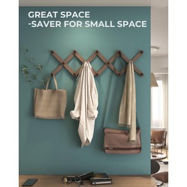 OROPY Wood Accordion Wall Hanger, Expandable Coat Rack Wall Mount with 14 Pegs, Expanding Hat Rack for Wall, X Shape, 27"×10", Walnut Color