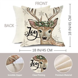 Fjfz Christmas Santa Claus Reindeer Decorative Throw Pillow Covers 18 x 18 Set of 4, Xmas Tree Winter Holiday Gray Stripes Stocking Porch Outdoor Home Decor, Sleigh Hohoho Joy Snowflakes Cushion Case