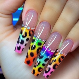 Long Ballet Press on Nails French Fake Nails Colorful Gradient Leopard Print Stick on Naills Rhinestone False Nails Glossy Shiny Glue on Nails Full Cover Artificial Acrylic Nails for Women Girl 24Pcs