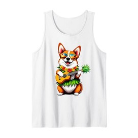 Hawaiian Corgi Dog & Pineapple Ukulele Summer Vacation Tank Top