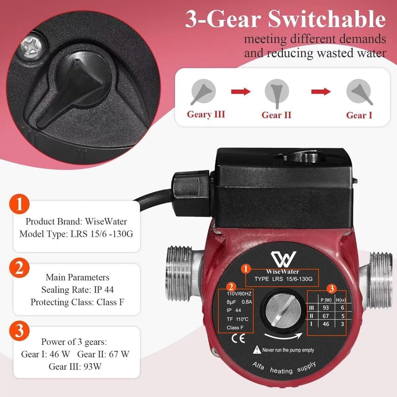 WiseWater 304 Stainless Steel Hot Water Recirculating Pump, 3-speed with