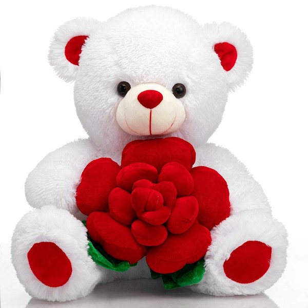 BEJOY Teddy Bear Stuffed Animals Plush Bear Holding Rose Soft Plush Toy Valentine's Day, 16 Inch, White