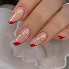 RikView French Tip Press on Almond Acrylic Red Glossy Full Cover 24 PCs