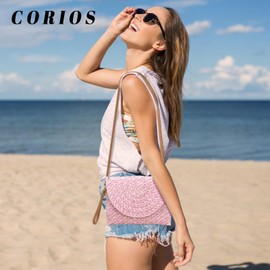 CORIOS Women's Woven Bag Summer Beach Bags Handmade Straw Bag Bohemian Tote Bag Women Handbag Hand-Woven Raffia Bag Retro Shoulder Bag for Travel Holiday Beach, pink, Bohemian