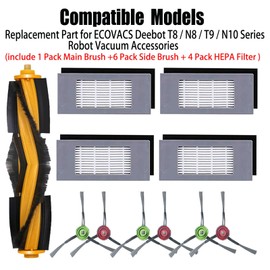 Replacement Parts for ECOVACS Deebot T8 / N8 / T9 / N10 Series Robot Vacuum Accessories 1 Main Brush 6 Side Brush 4 HEPA Filter