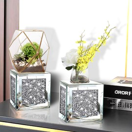 ZOLAPI Set of 2 Crystal Crush Diamond Candle Sconces, Gorgeous Silver Mirrored Wall Sconce, Candle Holder Glass Wall Decorations for Home Décor, Living Room, Dining Room. Floating Shelves