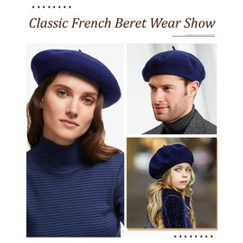 AWAYTR Wool French Beret Hats - Solid Color Artist Beret Hat for Women and Kids (Navy Blue,Adult)