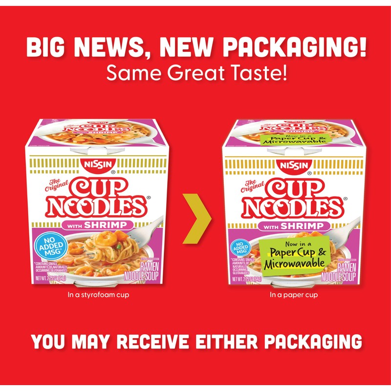 Nissin Cup Noodles Soup, Shrimp Flavor, Microwaveable Paper Cups, Instant