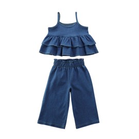 BULINGNA Toddler Baby Girl Denim Outfit Sleeveless Layered Ruffle Hem Tank Top + Elastic Waist Jeans 2Pcs Clothing Set (Blue, 2-3T)