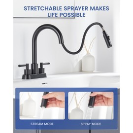 FELIXBATH Bathroom Sink Faucet with Pull Out Sprayer 2 Handles, Matte Black Pull Down Bathroom Faucet 3 Holes, 4 Inch Black Faucet Bathroom, 360 Degree Swivel Spout, Pop Up Drain Assembly Included