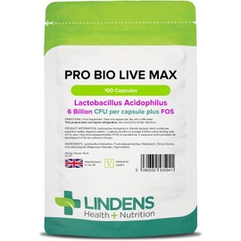 Lindens - Pro Bio Live Max 6 Billion CFU Capsules - 100 Pack - UK Made - Contributes to a Healthy Gut and Supports Digestion - Probiotic Vegetarian Capsules - Letterbox Friendly, Vegan