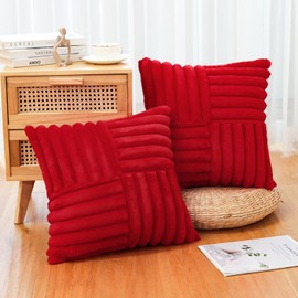 OTOSTAR Faux Rabbit Fur Decorative Throw Pillow Covers with Splicing 18 x 18 Inch Fuzzy Soft Striped Cushion Case Couch Home Boho Decor Pillow Covers for Sofa Bed Living Room Pack of 2 (Red)