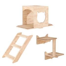 MIUZMORE Cat Wall Shelves Set - Wall Mounted Cat Furniture with House, Sisal Scratching Post, Climbing Steps - Solid Wood Cat Climbing Wall for Indoor Cats, Space Saving Design