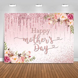 Fitumiw Happy Mother's Day Backdrop 7x5ft Pink Floral Glitter Mother's Day Photography Background Party Decorations Thanks Mom I Love Mom Gift Wall Decor Banner Photo Booth Props