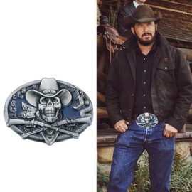 POSKLA - Hebilla de cinturón con rifles, diseño de calavera de vaquero occidental, Azul, Grandes