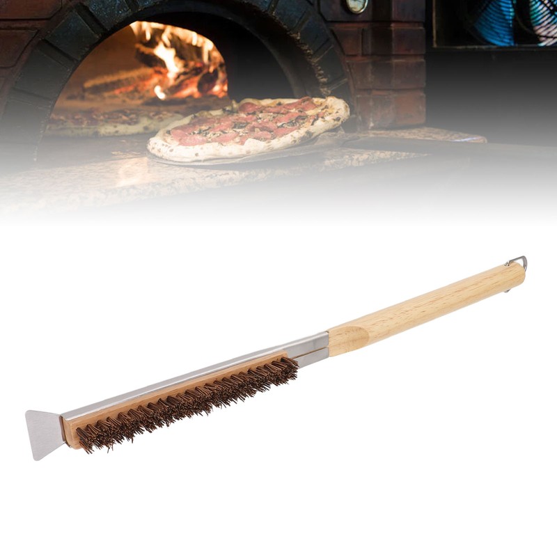Pizza Oven Brush with Scraper Detachable Wooden Handle Coconut Fiber
