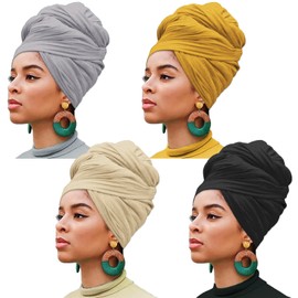 XTREND 4 Pieces Head Wrap Stretch Jersey Turban for Women Fashion Headbands Headwraps Solid Color Soft Long Scarf Shawl Caps for Wrap Hair Braid (Black, Turmeric, Beige, Light Gray)