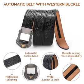 Cinturón de carraca de piel occidental para hombres y mujeres, diseño clásico para uso casual y jeans, Negro esmerilado05, 28" to 38" Waist Adjustable