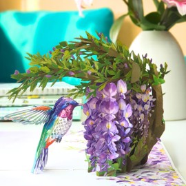HEARTAGS- Birthday Card for Women, 6x8 in Hummingbird Wisteria Flower Pop Up Birthday Cards for Mom, Wife, Daughter, Her, Sister, Girlfriend, Grandma from Husband, Son, Popup Anniversary Card